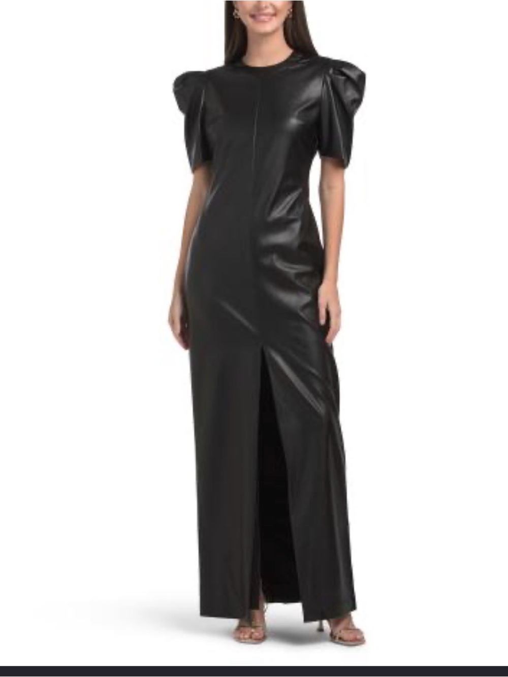 One 33 Faux Leather Puff-Sleeve Maxi Dress with Front Slit